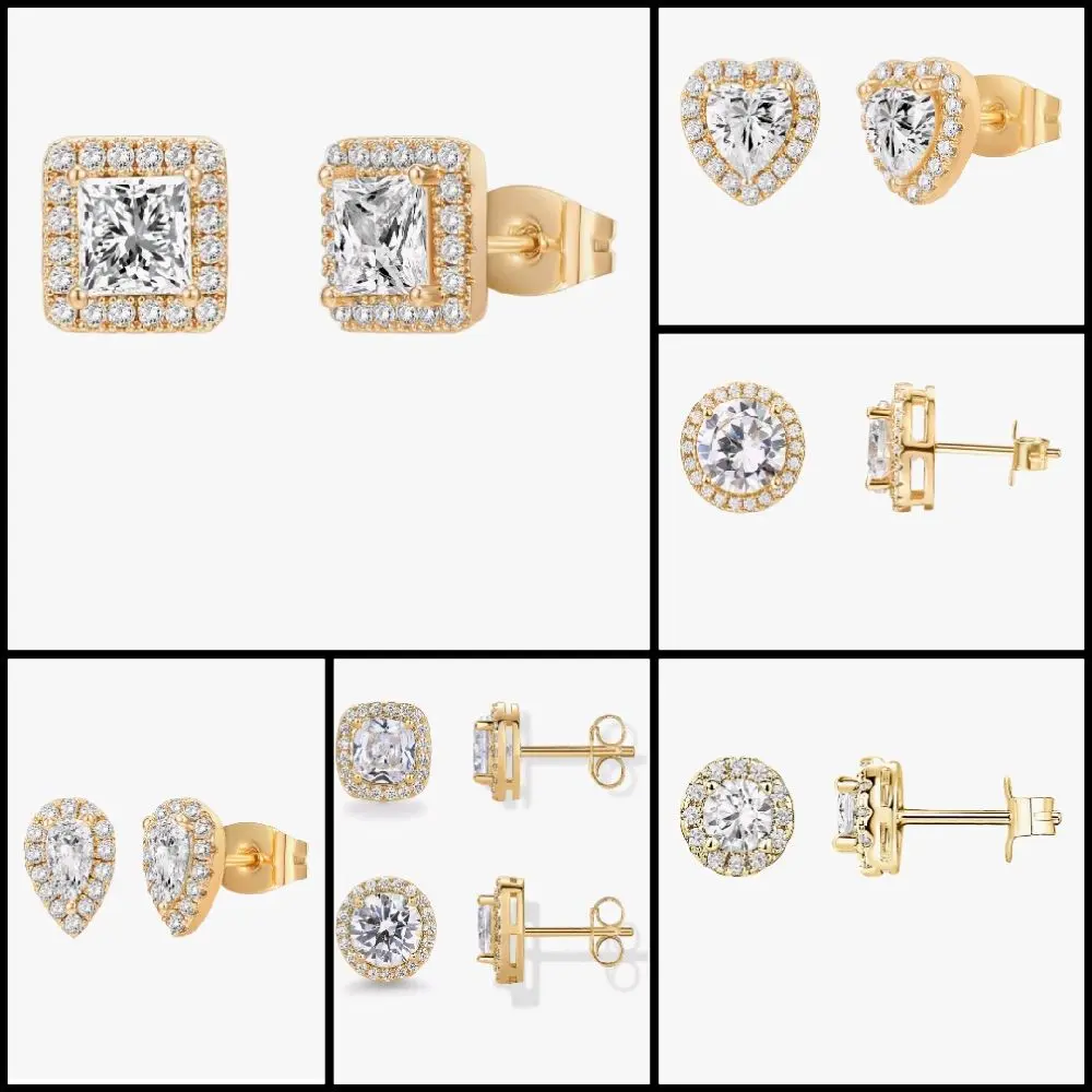 14K Gold Plated Sterling Silver Post Brilliant Round Faux Diamond Halo Earrings - Premium Cubic Zirconia