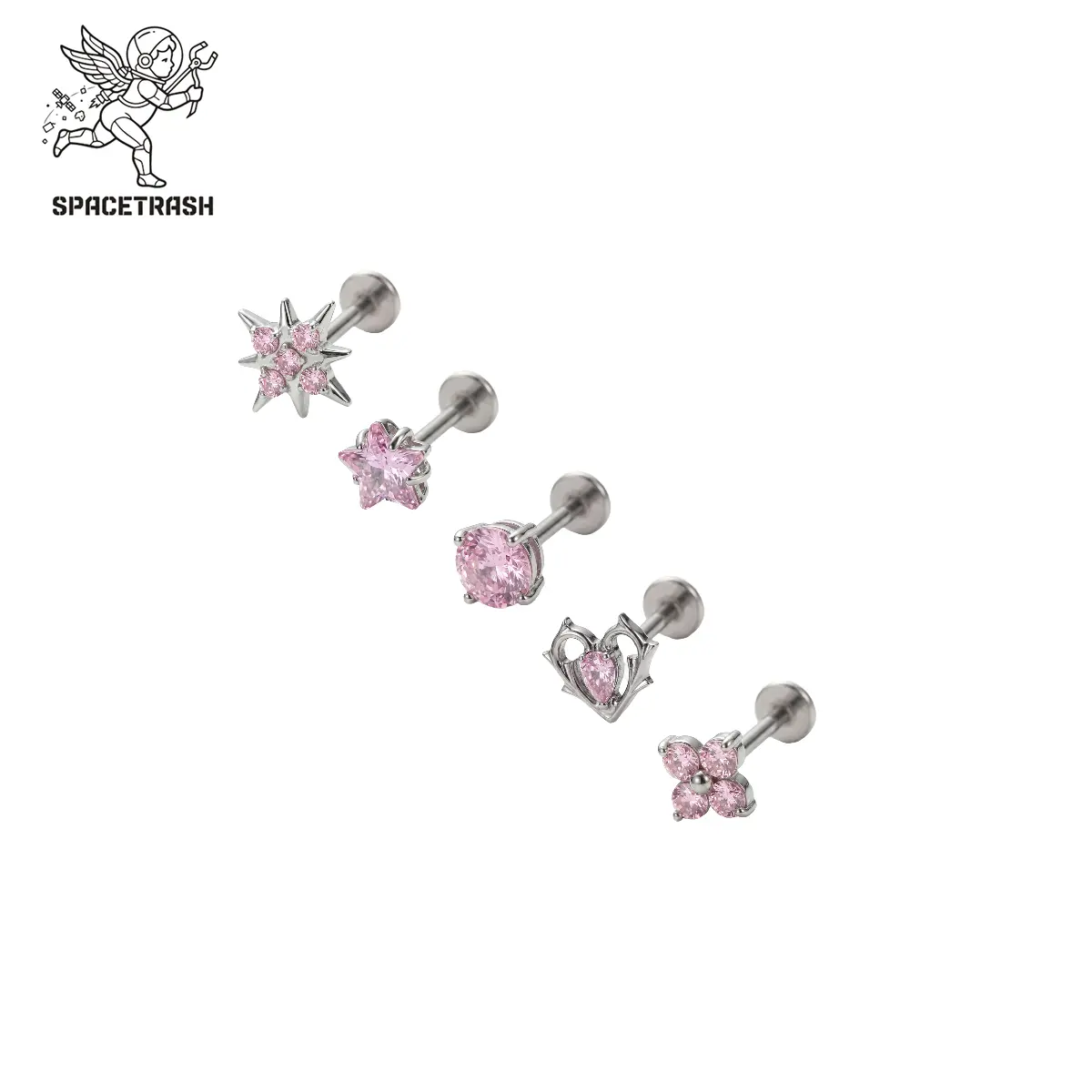SPACETRASH Pink Stud System, 5Pcs Pink Cubic Zirconia Nose & Ear Stud Set, Titanium Internally Threaded Piercing Jewelry with Guide Pin