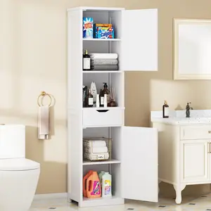 Tall Bathroom Storage Cabinet with Freestanding Adjustable Shelves, Narrow Storage Linen Cabinet with 2 Doors and 1 Drawer for Bathroom, Living Room, Kitchen(White)
