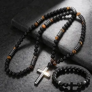 8mm Black Onyx Hematite and Tiger Eye Beaded Necklace with Cross Bracelet Set Triple Protection Religious Jewelry for Anxiety Relief