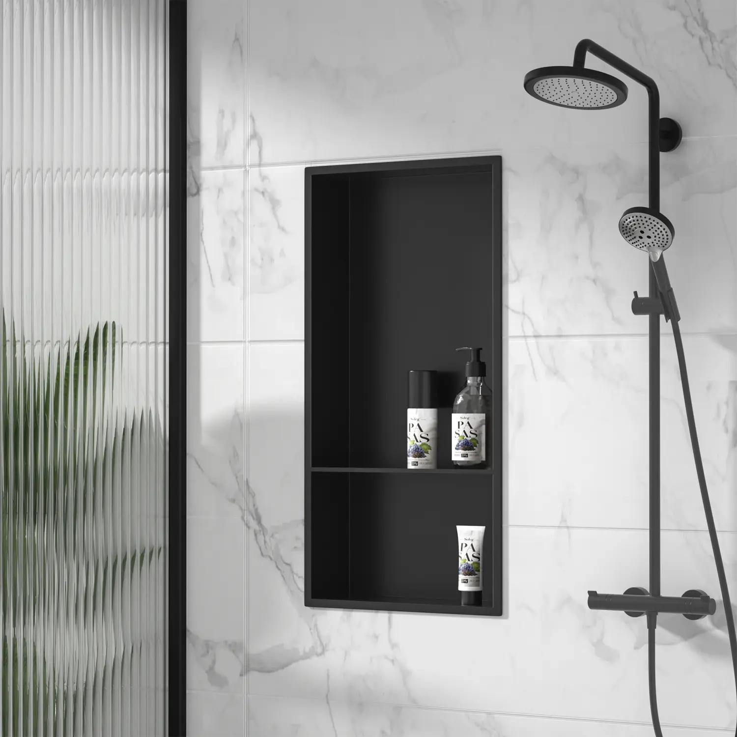 18" x 12" Stainless Steel Shower Niche, Matte Black, No Tile Needed, Over-Mounted Installation with Two-Tier Shelves, Rustproof & Leak-Proof Recessed Wall Niche for Bathroom Storage