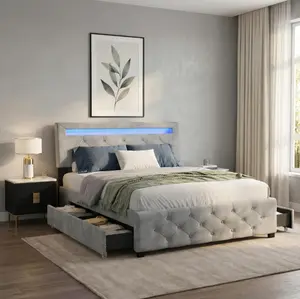 Queen Bed Frame with Mattress, LED Lights, Upholstered Platform Bed with Optional Drawers, Noise-Free, No Box Spring Needed