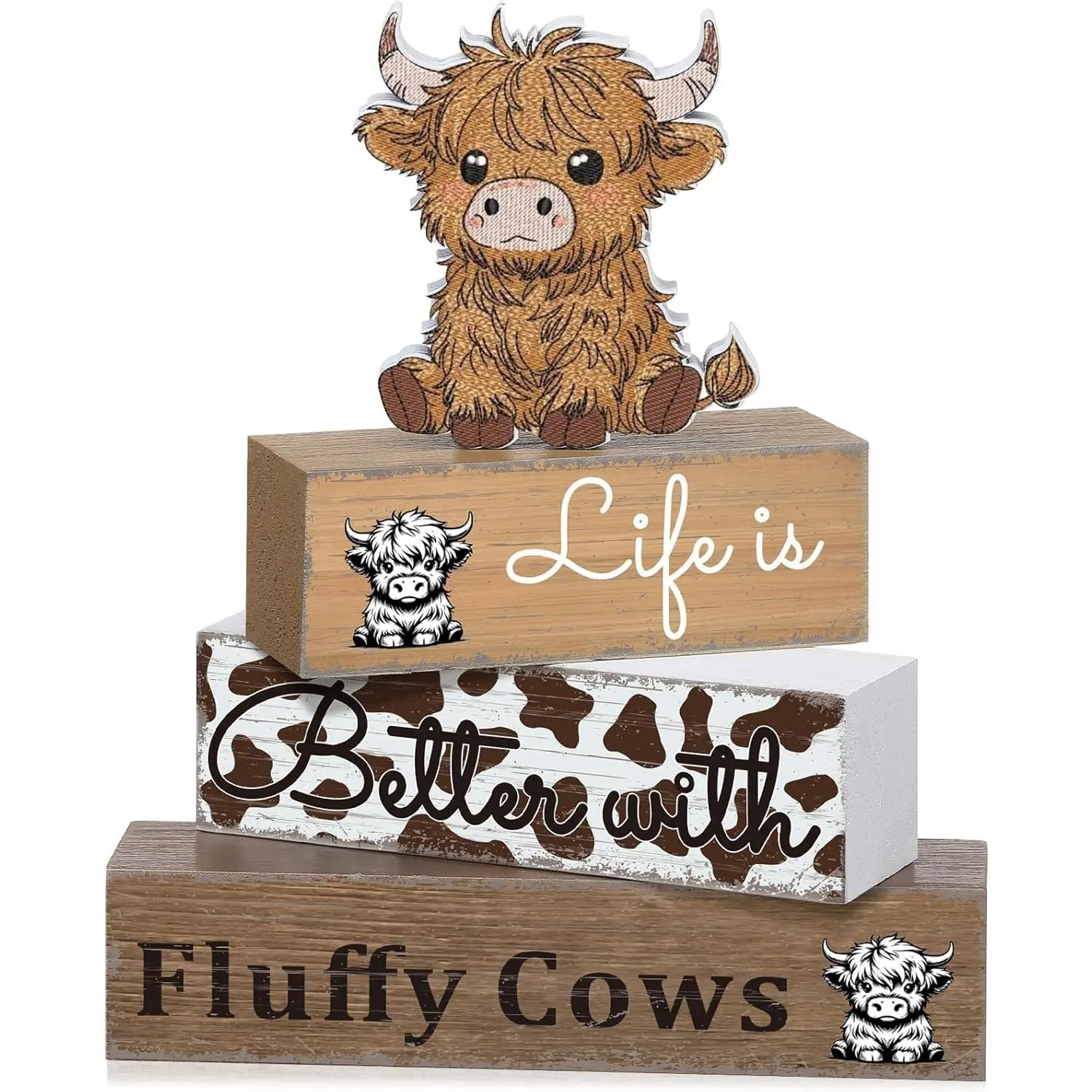 4 count Highland Cow Table Decorations Cow Wooden Signs Rustic Tiered Tray Decor Western Tabletop Centerpieces Farmhouse Highland Decor for  Desk Room Kitchen Shelf