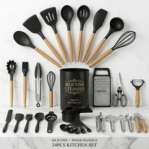 34PCS Silicone Kitchen Utensils Set – Heat Resistant Cooking Tools with Wooden Handles & Holder, Nonstick Safe Set for Nonstick Cookware, Black Wooden Handles Kitchen Gadgets Tools Set Father Gift
