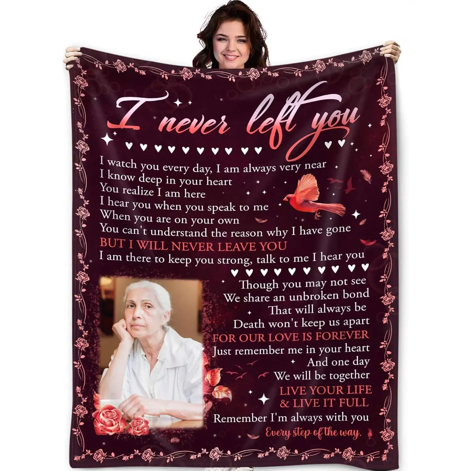 Personalized Memorial Blanket with Picture, Cardinal Memorial Gifts, I Never Left You Custom Blanket Throw, Personalized Memorial Blankets, Memorial Gifts For Mom Dad Brother Sister