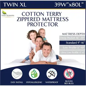 Twin Extra Long (XL) Mattress Protector Zippered Waterproof Mattress Cover Deep Pocket Encasement with Cotton Terry Top