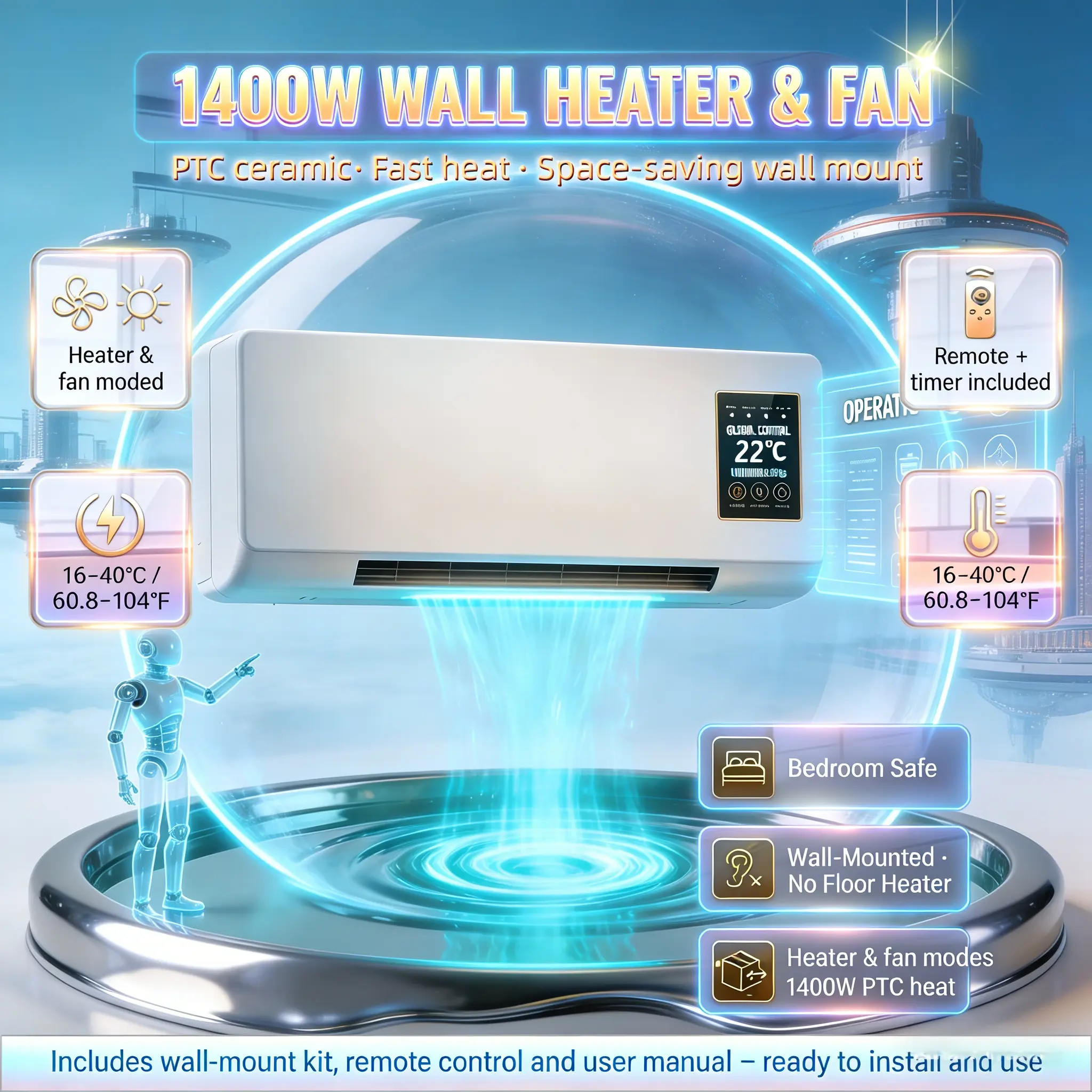 1400W Dual Mode Wall Heater & Cooling Fan, Space-Saving Wall-Mounted PTC Ceramic Fast Heating Air Conditioner Fan with Remote Control for All Seasons