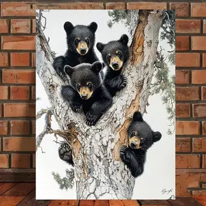 1pc Classic Black Bear Family Canvas Art Print, Waterproof, Vertical Rectangular Wall Decor with Wood Frame - Ideal for Living Room & Corridor, Forest Background, Bear Home Decor-Wrapped Canvas