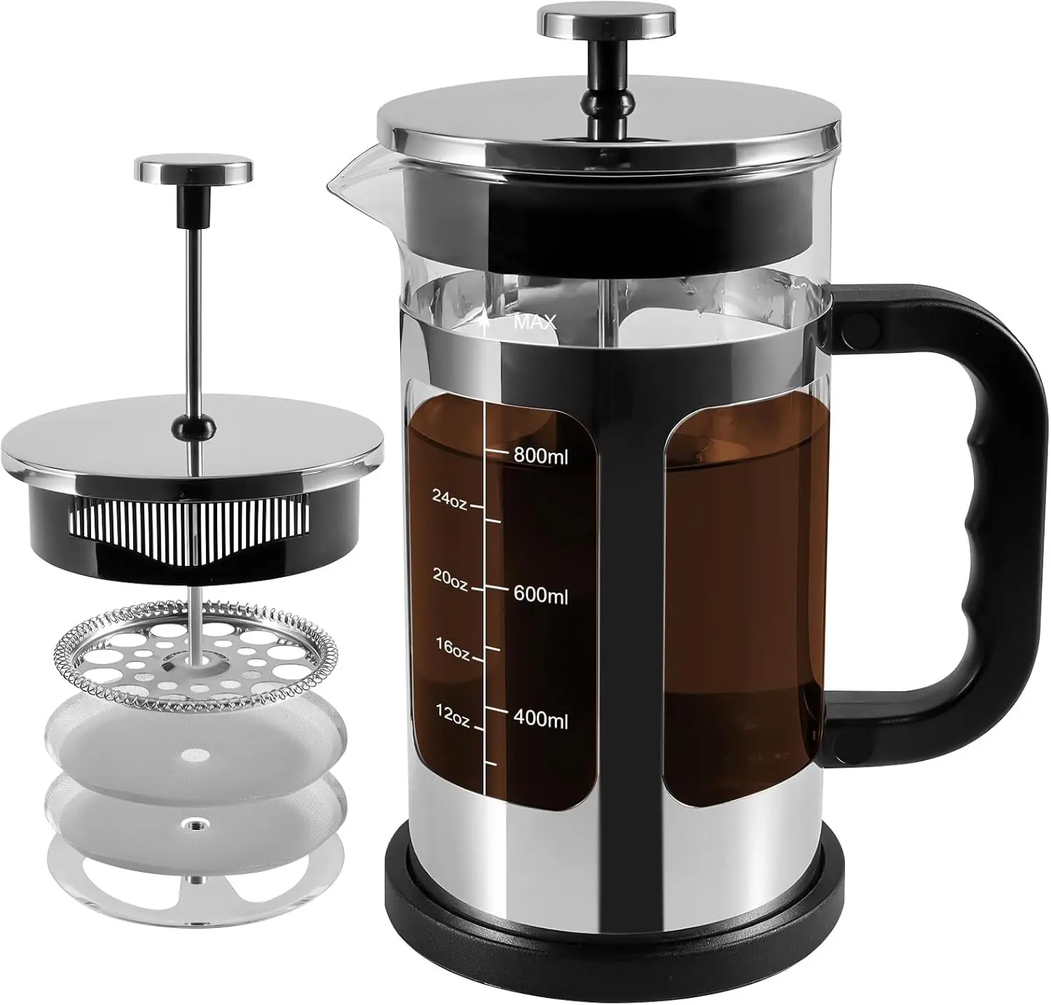 French Press Coffee Tea Maker, Upgrade Heat Cold Resistant Thickened Glass with 4 Level Stainless Steel Filtration System Brew Coffee & Tea, BPA Free, Large 1000ml 34oz (Silver)