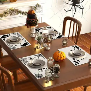 4pcs Halloween Linen Placemats - Skull & Spiderweb Print Rectangular Heat-Resistant Table Mats for Spooky Party Dining Decor, Hand Wash Only, Festive Meal Accessory, Themed Event Decor