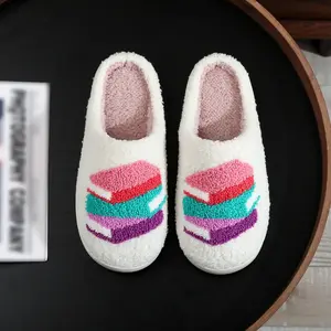 Women’s Book Stack Plush Slippers – Cute Cartoon Design, Soft Faux Fur Lining, Non-Slip Sole Cozy Warm Indoor Outdoor Winter House Shoes, Funny Preppy Gift Slides for Women & Men