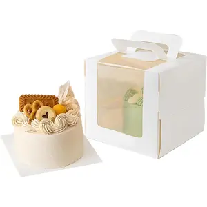 25 Pcs 5x5x4 Inch White Cake Boxes with Handle & Boards, Easy Carrying Paper Cake Containers, Window Cake Holder Carriers for Birthday Christmas Wedding Party Gift