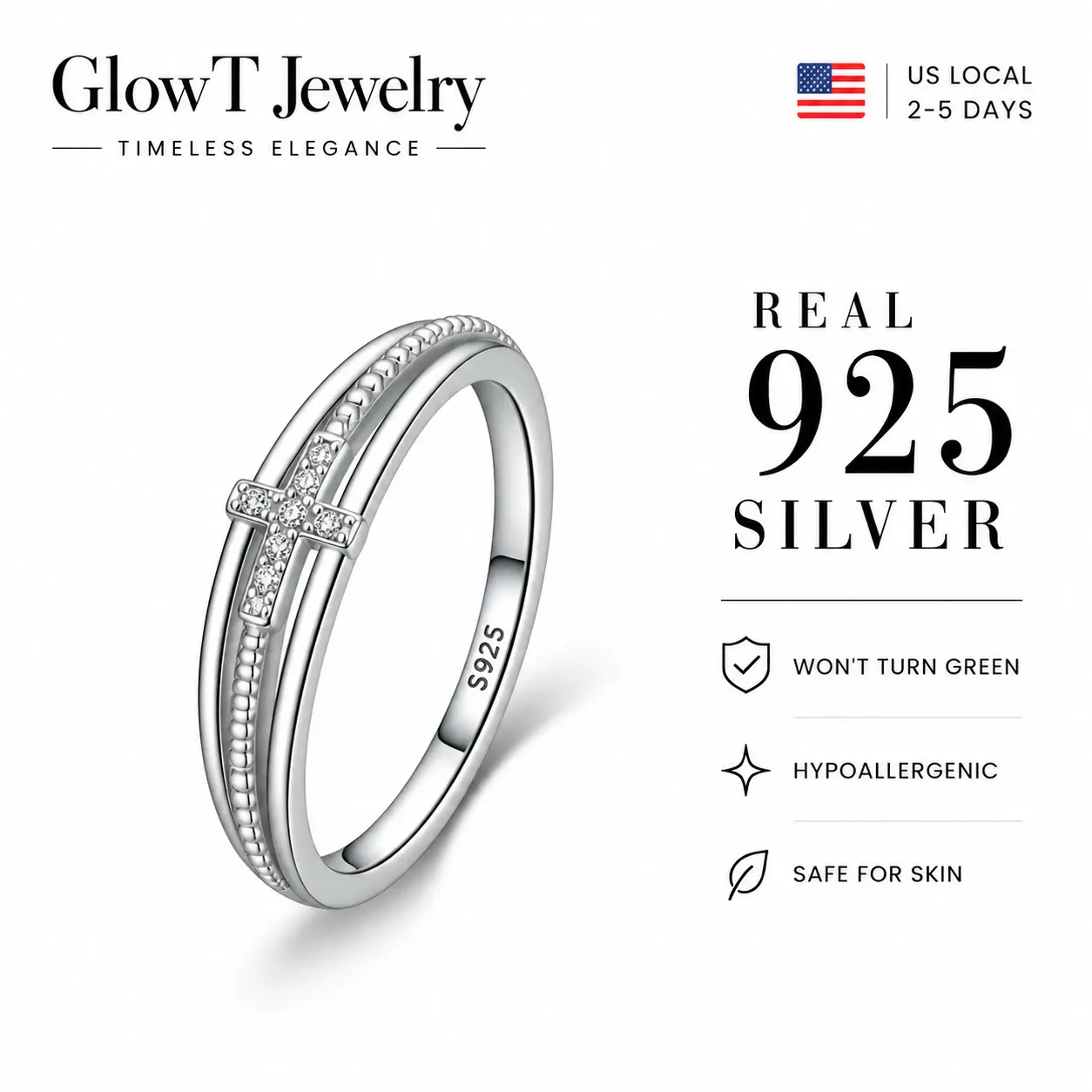 925 Sterling Silver Cross Ring with Cubic Zirconia, Elegant Minimalist Design, Women’s Adjustable Statement Jewelry, Perfect Gift for Birthday, Anniversary, or Daily Wear