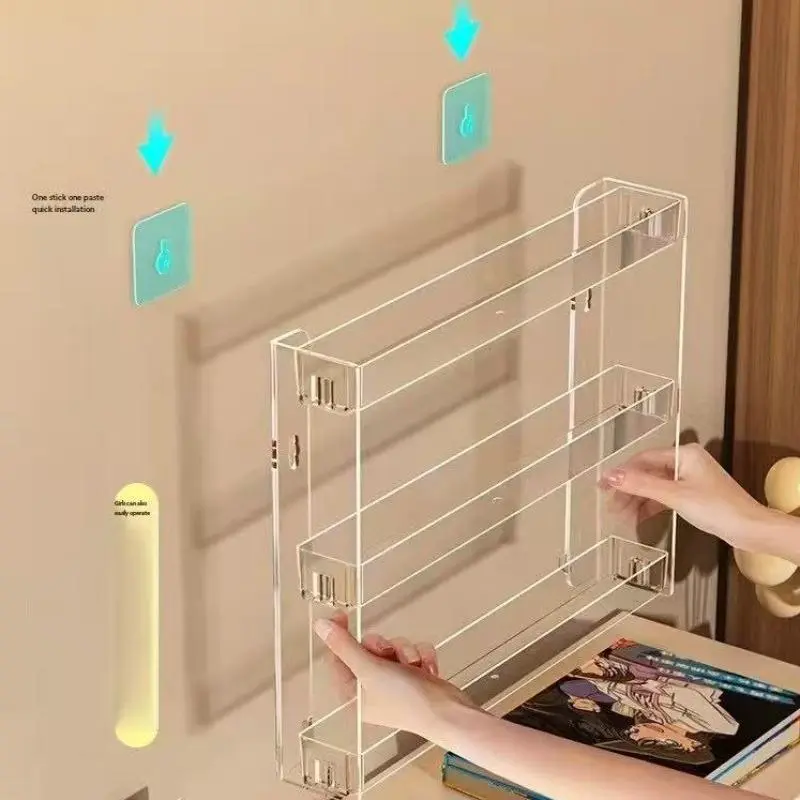 3-Tier Action Figure Display Rack, Wall-Mounted Storage Shelf, Transparent Multi-Layer Organizer, Cute Particle Strip, Color Card Holder, Acrylic, Clear