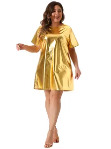 Agnes Orinda Plus Size Metallic Round Neck Short Sleeve Party Clubwear Loose Mini T-Shirt Dress