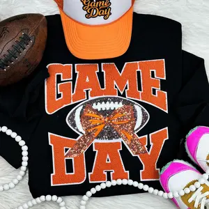 Orange Chenille Football Game Day with Sequin Bow Patch