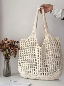 Relaxing atmosphere grid crochet tote bag, a casual, simple and fashionable versatile shoulder bag that can accommodate tablets and files, suitable for daily commuting, shopping in the mall, and gatherings