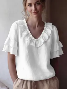 Women's Summer Ruffle Short Sleeve Pullover, Ice Silk Wrinkle Fabric, Comfortable Breathable, Elegant Ruffle Design, Essential Daily Wear