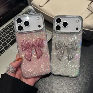 Rhinestone Bowtie Protective Case For iPhone13/14/15/16 Laser Heart Diamond Border Shockproof Aesthetic Phone Cover