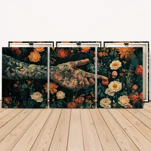 3 Counts Wooden Framed Canvas Painting, Botanical Tattoo Hand With Blooming Flowers, Flower Leaf Print, Exquisite Poster, Perfect Living Room Decoration, Modern Art, Fashion Family Poster, Wall Art Decoration, Waterproof Art
