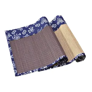 Blue Floral Bamboo Tea Mat Table Runner Zen Style Cotton Linen Tea Tablecloth