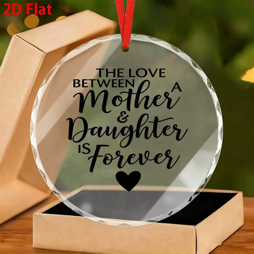 Mother-Daughter Forever 2D Flat Glass Hanging Ornament - Prismatic Cut, Heart Accent, Red/White Ribbon Hanger, Christmas Decoration, Mother's Day Gift, Symbolizes Love and Affection for Outdoor Yd Pathway (Flat Glass Ornaments), Mother's Day Gifts