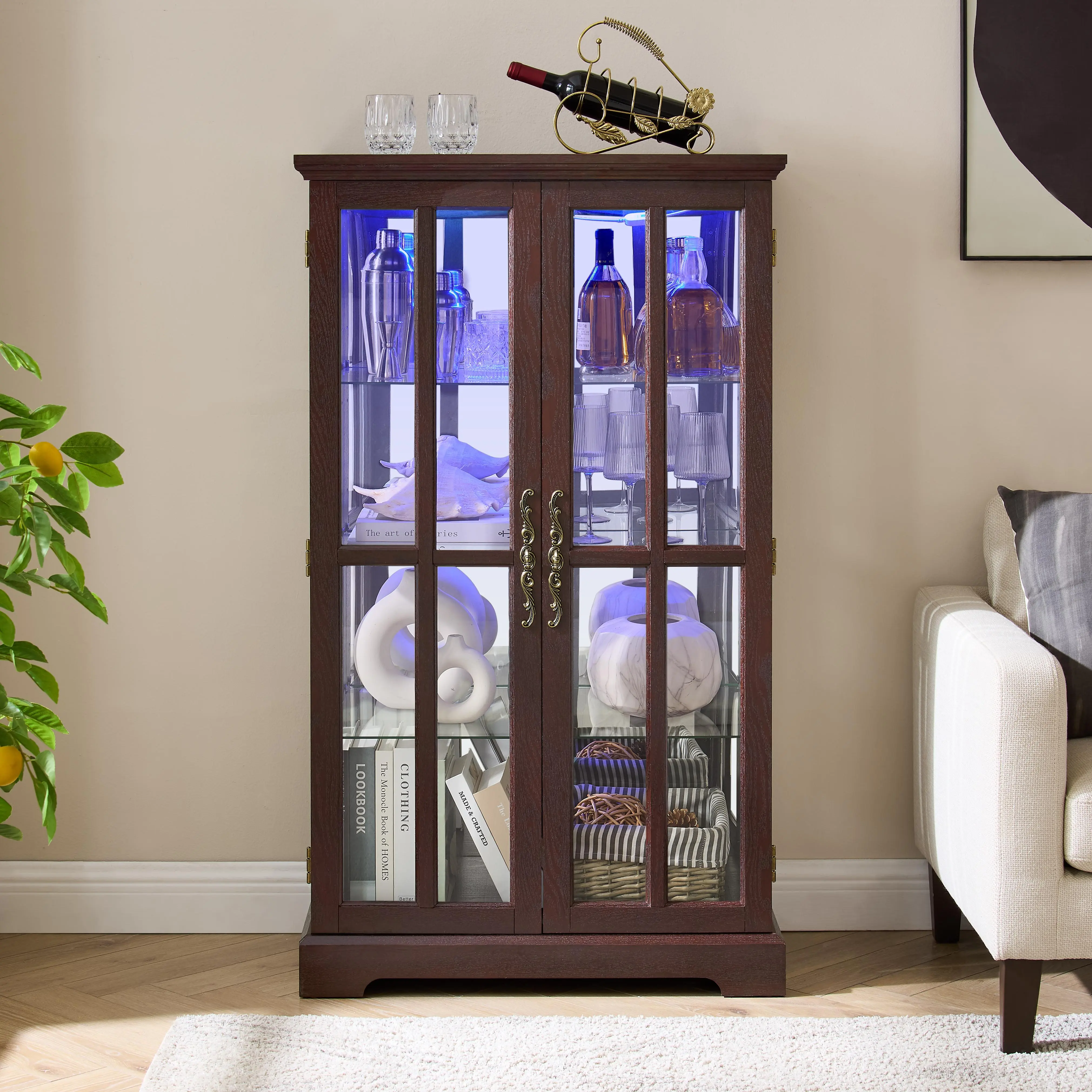 Eyisean 53" LED Curio Cabinet with Customizable Color Lights, Vintage Glass Display Cabinet with Lattice Door & 3 Adjustable Shelves, Wooden China Cabinet for Living Room, Kitchen