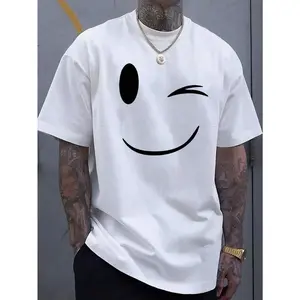 Summer Must-Have: Men's Fashionable Smiling Face Printed Casual T-Shirt - Breathable 100% Cotton, Round Neck, Short Sleeved