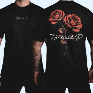 Double P Rose Graphic Tee - Streetwear Aesthetic Red Roses Shirt Premium Cotton Oversized Back Print T-Shirt - Unisex Floral Gift, Fashion Cotton, Full Size, Full Colors, For Men, For Women