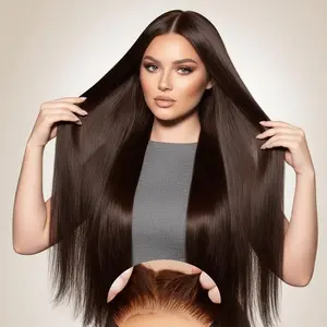 Zebaish 13x4 Chocolate Brown Front Lace Wig 32" Long Straight Synthetic Hair Heat Resistant Fiber 160% Density Glueless Style Versatile Look