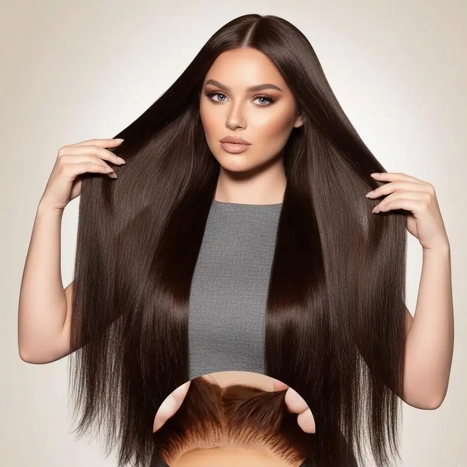 Zebaish 13x4 Chocolate Brown Front Lace Wig 32" Long Straight Synthetic Hair Heat Resistant Fiber 160% Density Glueless Style Versatile Look