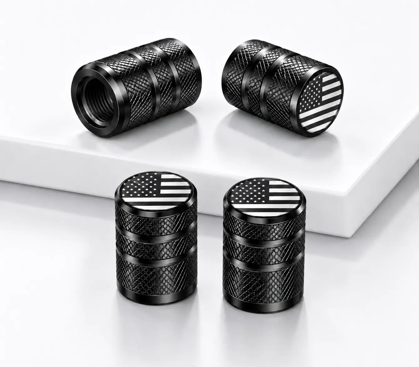 Tire Air Cap Metal - (4 Pack)Tire Valve Stem Cap Cover  with Plastic Liner Corrosion Resistant Leak-Proof American Flag for Car Truck Motorcycle Bike Black