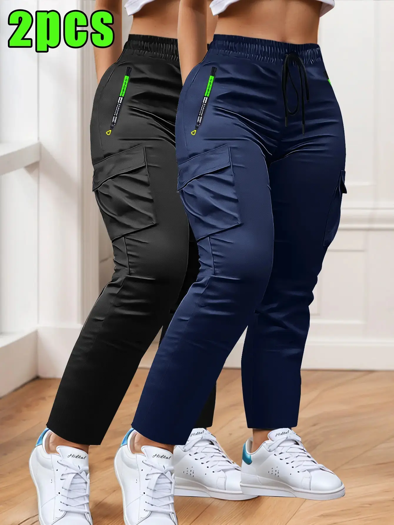 2-Pack Women’s Lightweight Cargo Pants with Multiple Pockets for Spring/Autumn, Drawstring Design, Stylish Pocket Pull Tabs, Straight-Leg Casual Long Pants