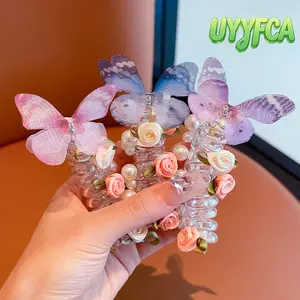 Kids Spiral Hair Ties, 3-Piece Mesh Butterfly Telephone Cord Hair Ties with Pearl and Flower Decor, No Pull Gentle Elastic Bubble Braid Hair Accessories for Girls, for Daily Wear Party and School beach outfits summervibes