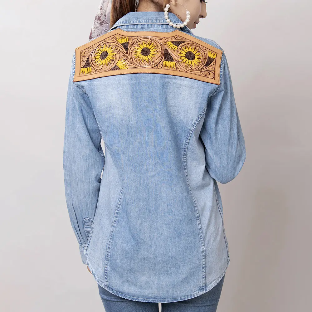 American Darling Genuine leather Hand tooled carved Women 100% cotton Denim Blazer dress jacket ladies | Vintage
