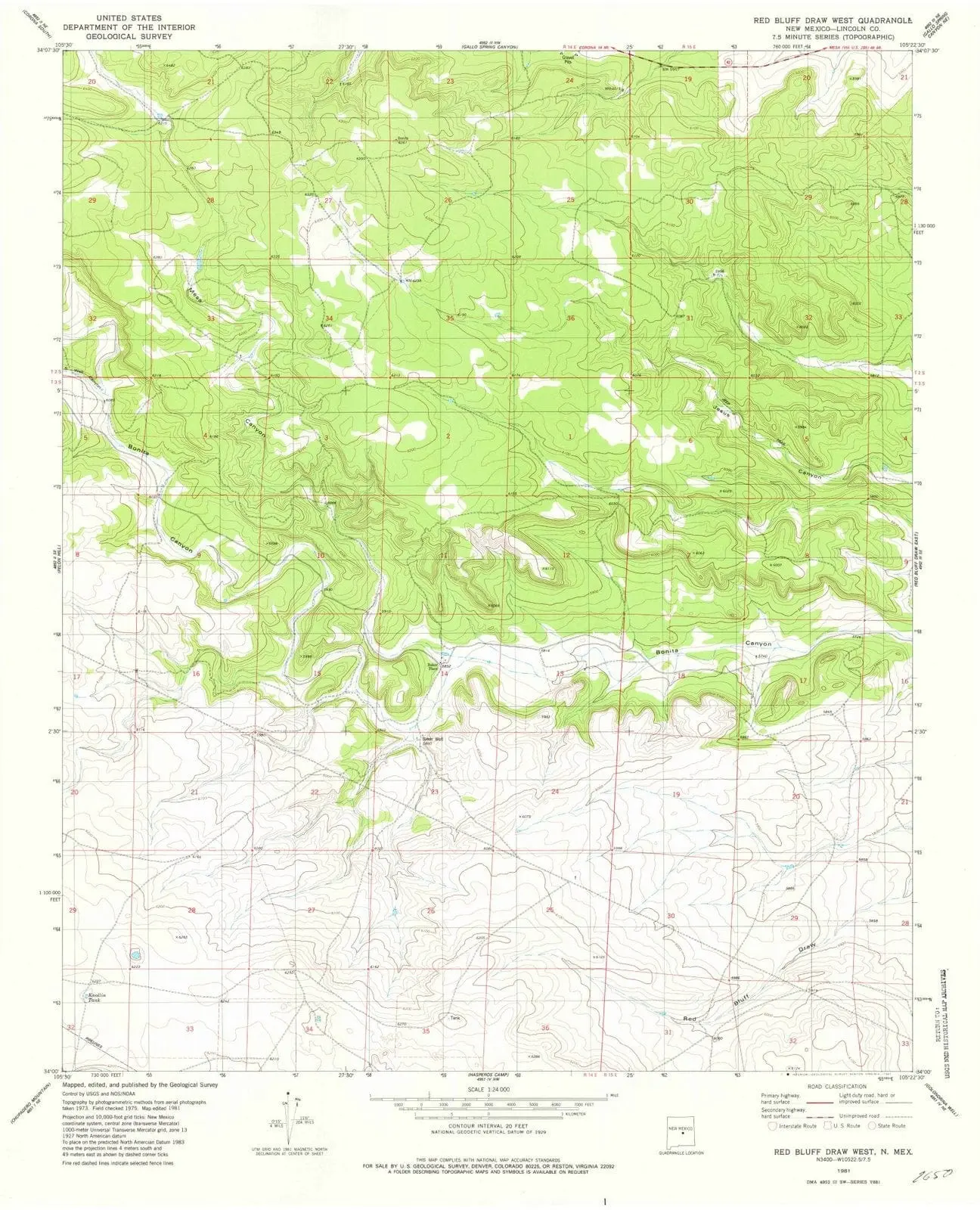 Red Bluff Draw West New Mexico USGS Topographic Quadrangle Map, 1981, 1:24000
