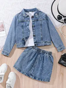Girls' Denim Set with Diamond Embellishment, Classic Fit, Knee-Length Skirt & Jean Jacket, Casual Outdoor Wear, Ideal Gift for Girls Under 8, Clothing Set, Denim Skirt Sets