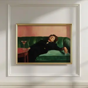 Cocktail-Inspired Oil Painting Print, Woman on Couch with Martini, Aesthetic Home Bar Wall Art, Digital Download