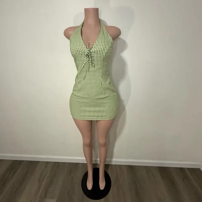 Checkered Pattern Haltered Dress