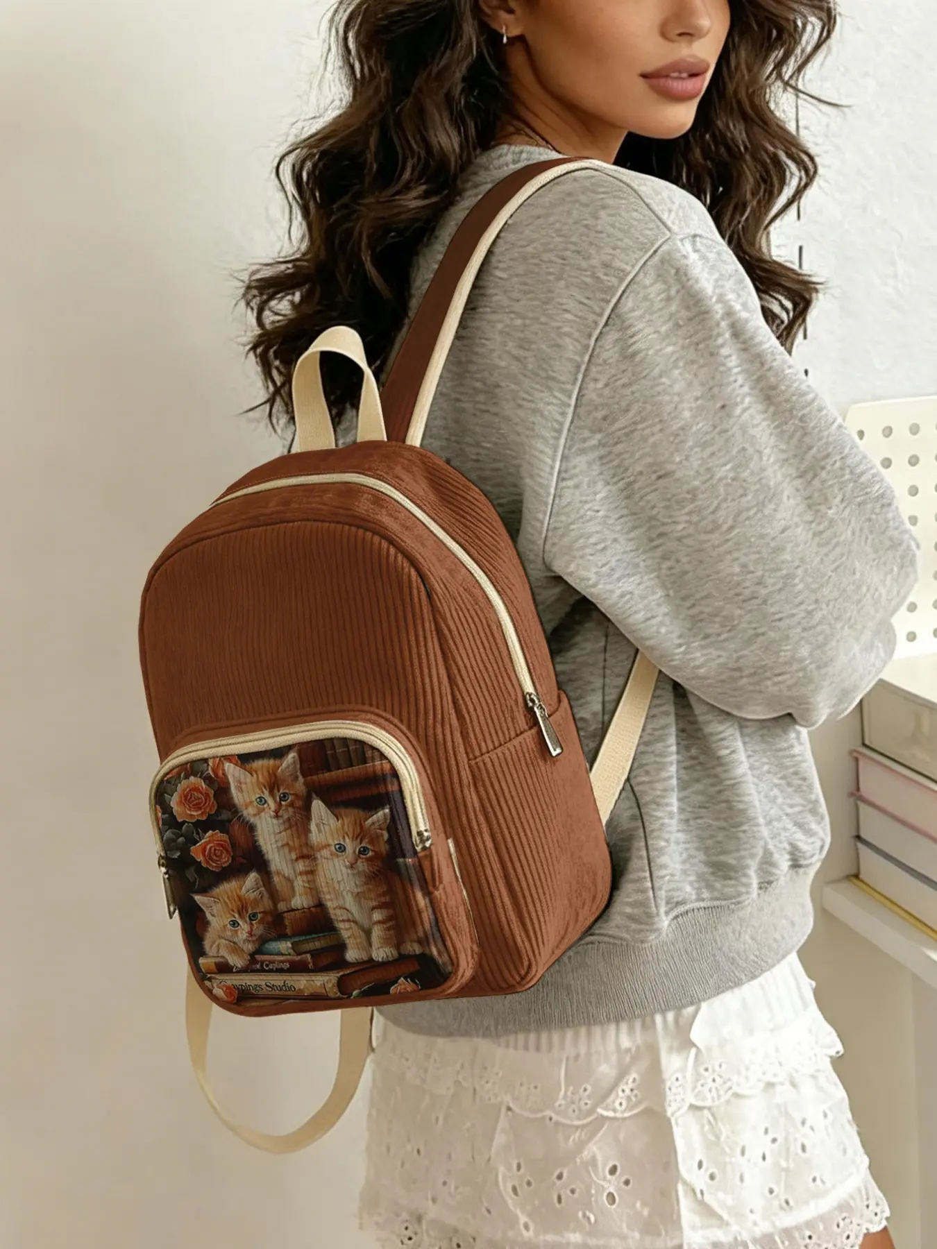 Lady's two-shoulder bag, Casual printed backpack, with 2D printed kitten and rose pattern, velvet texture, layered storage, lightweight, suitable for students class/shopping/short trips, practical - TikTok Shop Lady's two-shoulder bag, Casual printed backpack, with 2D printed kitten and rose pattern, velvet texture, layered storage, lightweight, suitable for students class/shopping/short trips, practical - TikTok Shop