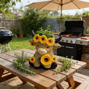 1 highland cow decoration, Cute Cow Design, brown Scottish highland cow statue, calfskin resin handcrafted statue for layered tray table stand, family farmhouse decoration, gift for a niche Scottish enthusiast (sunflower)