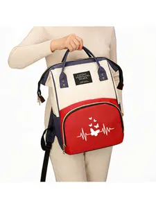 One butterfly heartbeat print diaper backpack, women's backpack, can be carried by hand, Oxford cloth, softshell, large capacity, with side storage pockets, easy to care for and store.