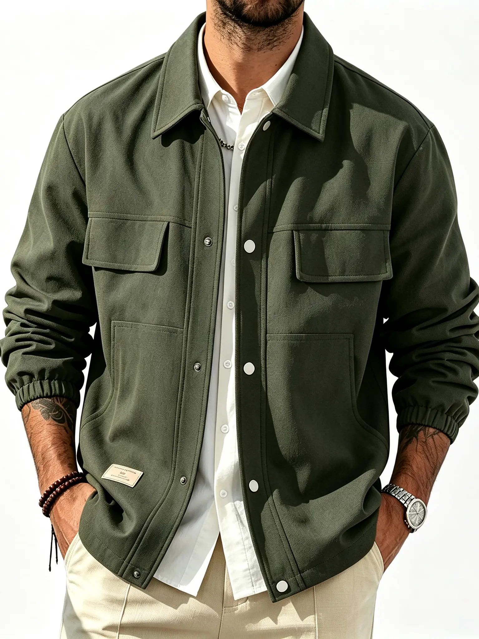 Men’s casual button-down shirt jacket, lightweight multi-pocket utility work shacket with elastic cuffs, oversized lapel collar cargo outerwear for everyday streetwear