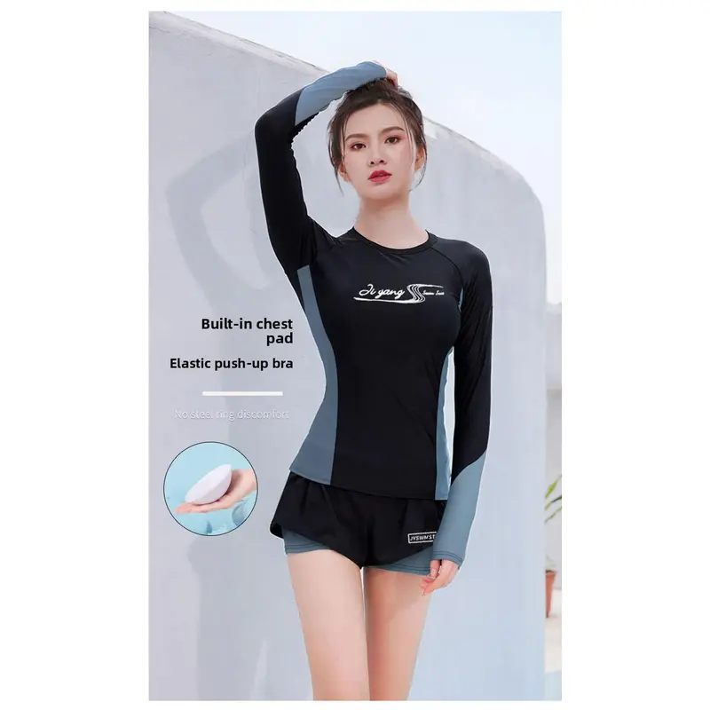 Couple's Water Sports Wetsuit Outfits Set - Female Slim-Fit Split Rash Guard, Long-Sleeves Quick-Dry Shirt, Athletic Shorts, UV Protection; Men's Large Sizes Long-Sleeves Workout Rash Guard for Surfing, Snorkeling, XXL