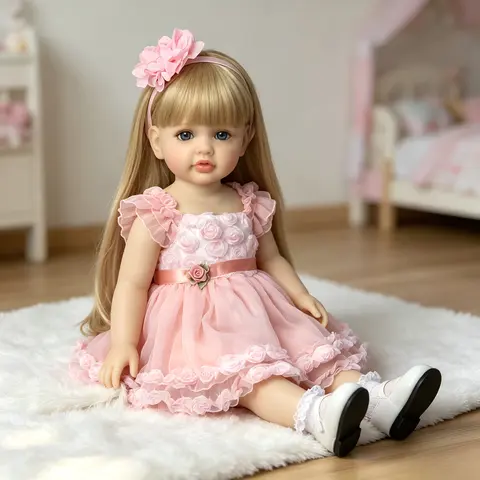 22-in Lifelike Realistic Newborn Baby Girl Doll - Blonde Hair, Blue Eyes, Pink Dress, Gauze Skirt, Dress Up Dolls, Cute Clothes, Soft Cuddly Gift, 55cm/22", 3.3lbs/1.5kg, ASTM F963 Certified, Collectible, Ideal Kid Girl Gifts