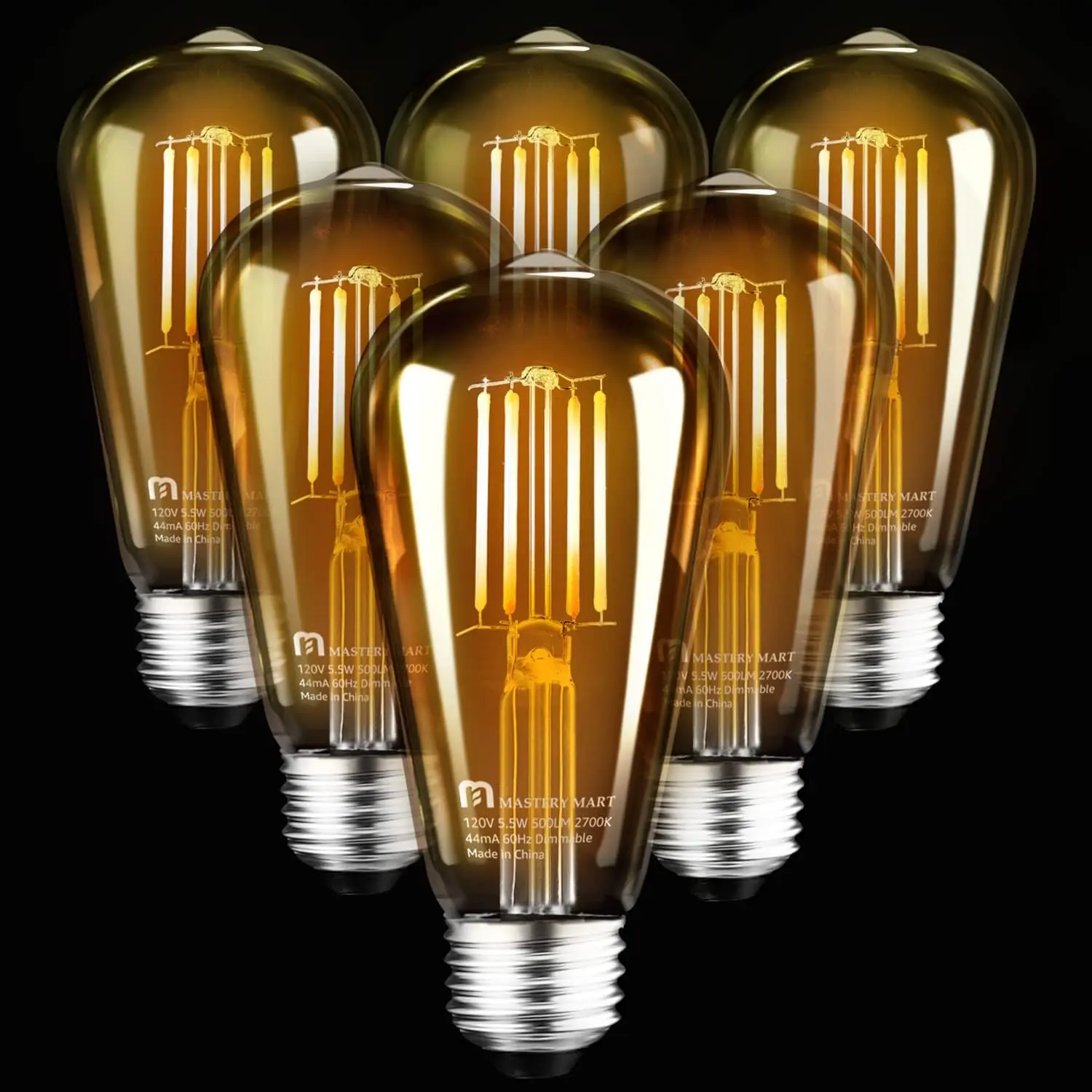 MASTERY MART Dimmable Vintage E26 LED Filament Bulb - 5.5W (60W Equivalent), 120V AC Power Supply, 400 Lumens, Glass ST19 Antique Edison Style, Energy-Saving Flicker-Free, UL & Energy Star Certified, Adjust Brightness, for Dinners, Indoor Use, Bars