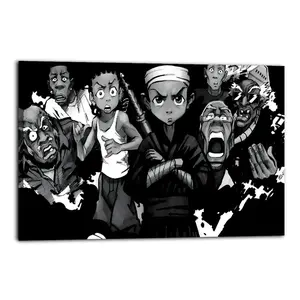 A black and white decorative art print featuring a group portrait of The Boondocks characters, suitable for anime-loving boys' bedrooms, living rooms, etc. A nice gift. artwork humor