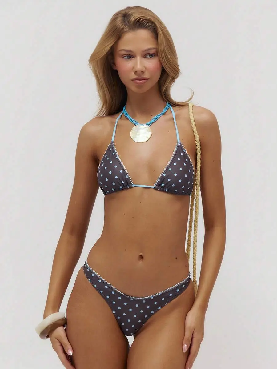 Musera Resort Contrast Polka Dot Triangle Bikini Only Summer Swim Beach Vacation Everyday Sexy Cute