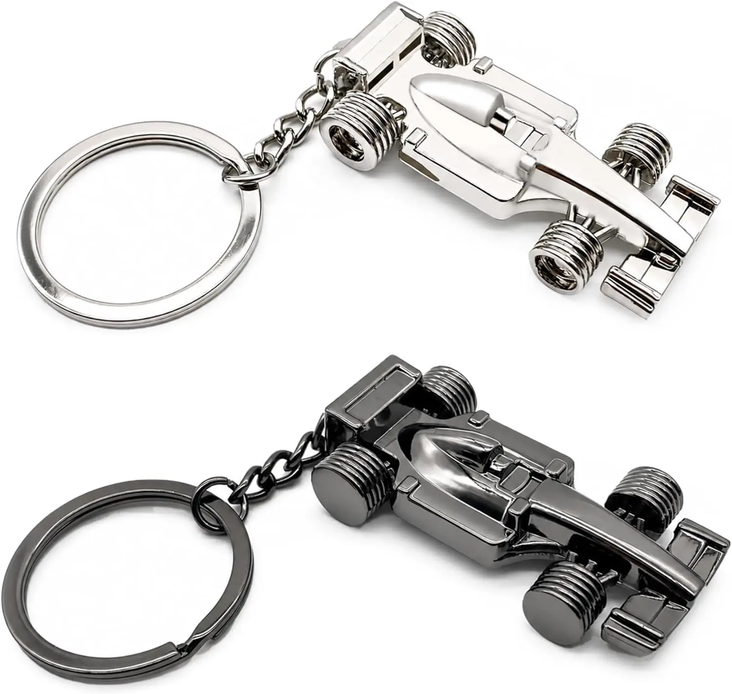 Open Wheel Race Car Keychain 2-Pack, Hollow Metal Racing Car Keyring in Black & Silver, Lightweight Motorsport Gift for Men, Boys, Kids, Car LoversGift.