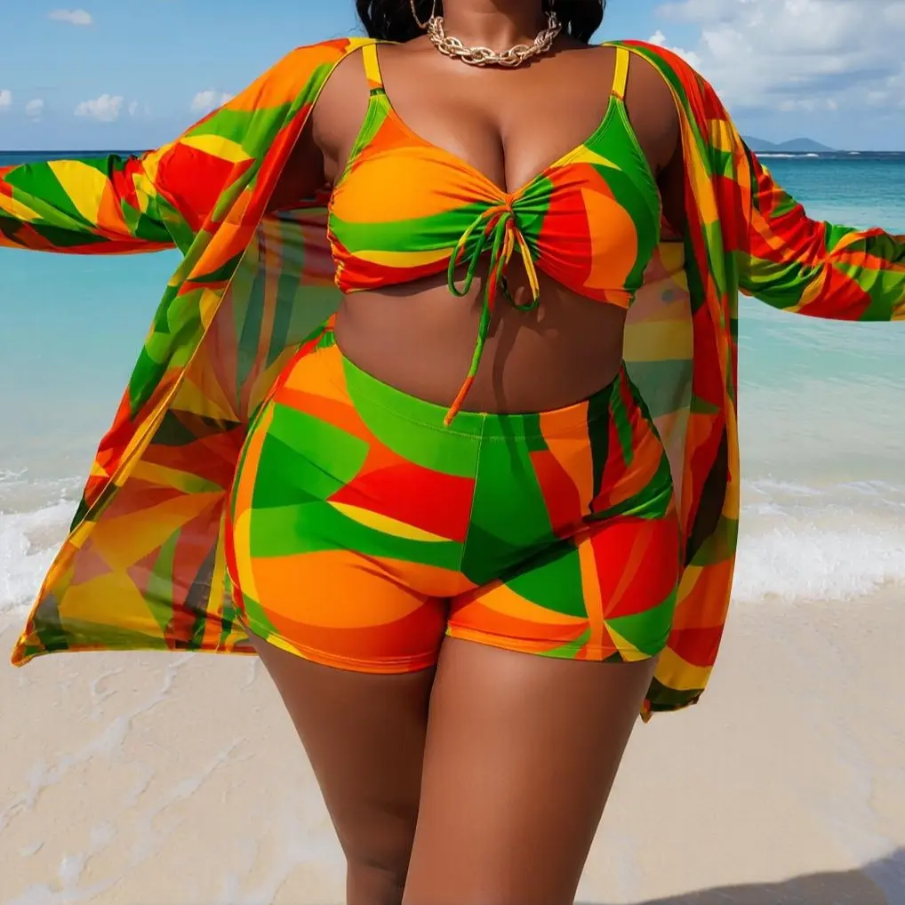 Women's Plus Size High Waisted 3-Piece Tropical Geometric Patterned Bikinis Set - Tummy Control Bathing Suit, Boyshorts, Long Sleeve Full Coverage Cover Up, Adjustable Drawstring Tie, Chic High Waist Beachwear, Beach Outfits, Bikinis Sets, Swimsuit Style